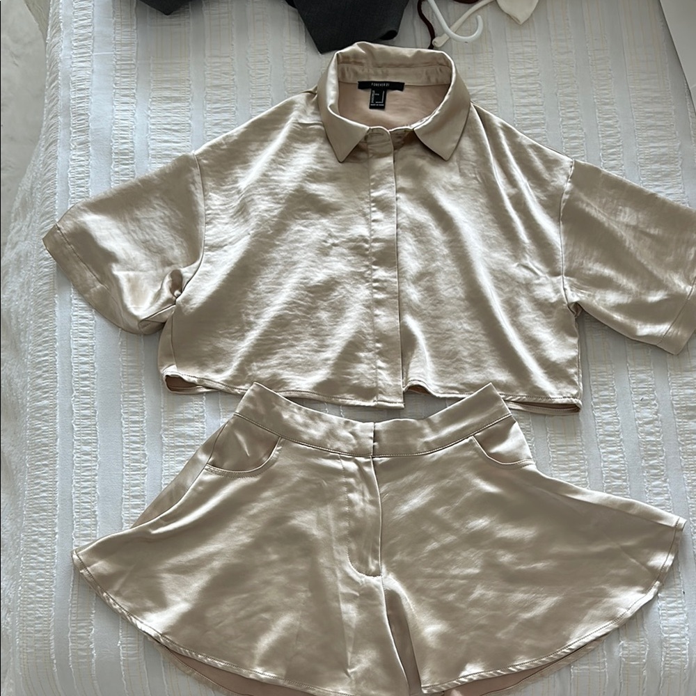 Silky Beige Cropped Shirt and Shorts Set